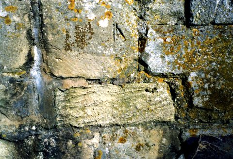 Cross-bedding in a block of White Limestone in the Medieval bridge near Thornborough.