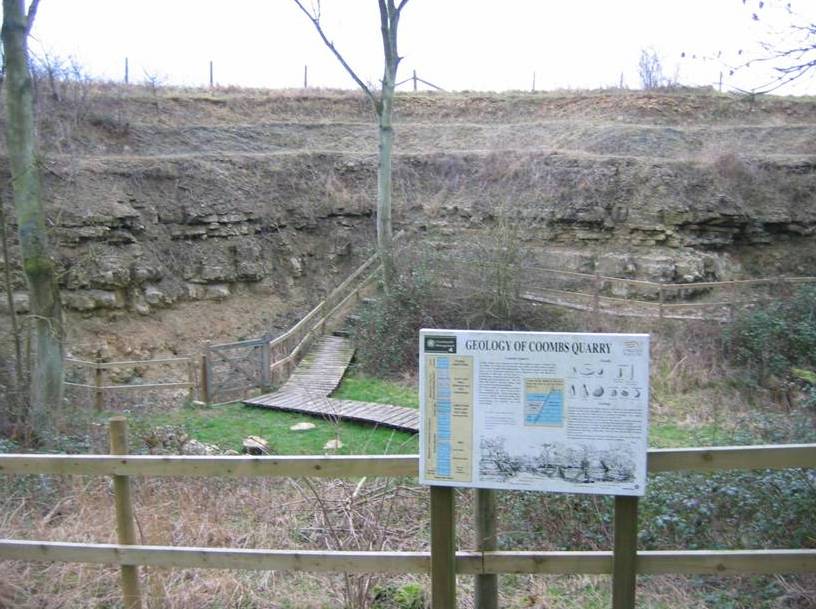 Coombs Quarry - exposes the upper part of the Blisworth Limestone and all the Blisworth Clay Formation.
